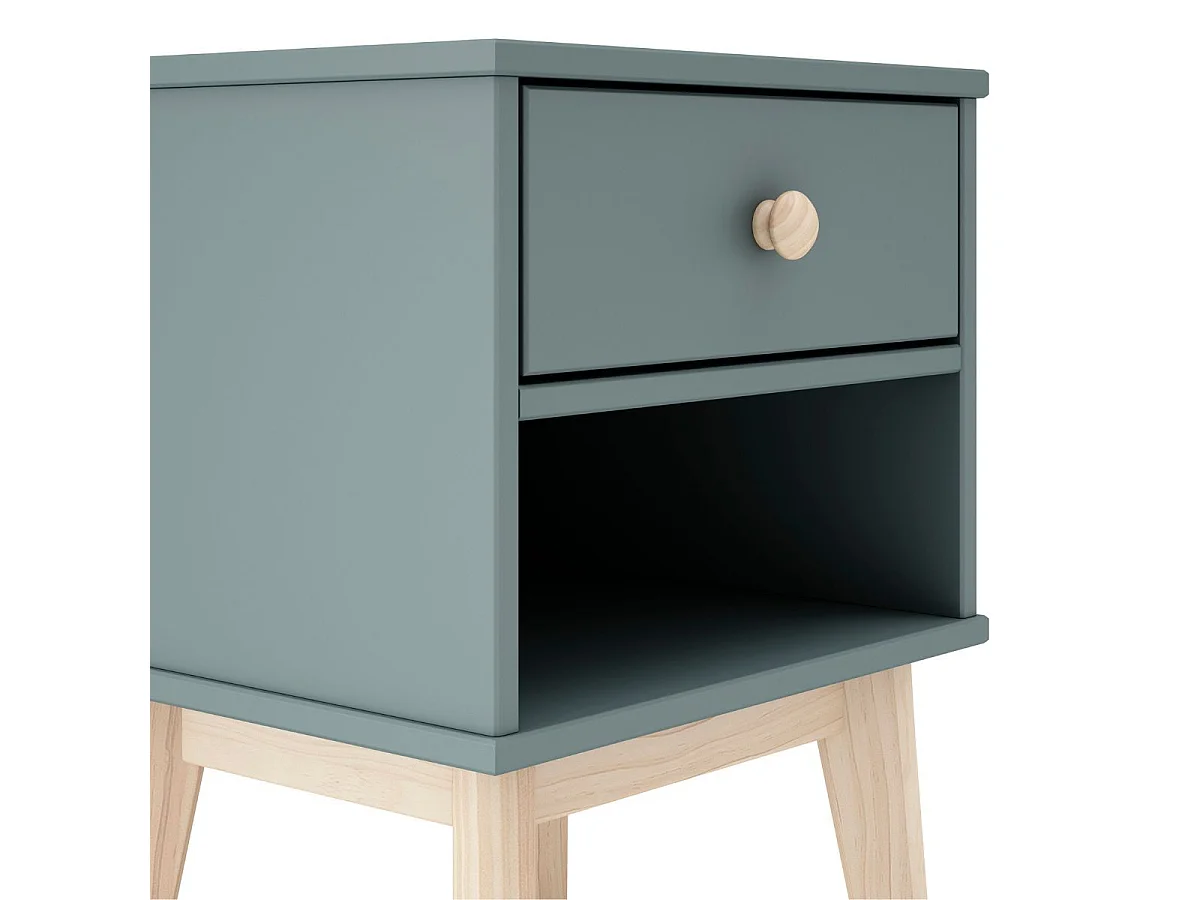 Chevet 1 tiroir et 1 niche en pin massif et MDF laqué vert kaki et naturel - KAINA