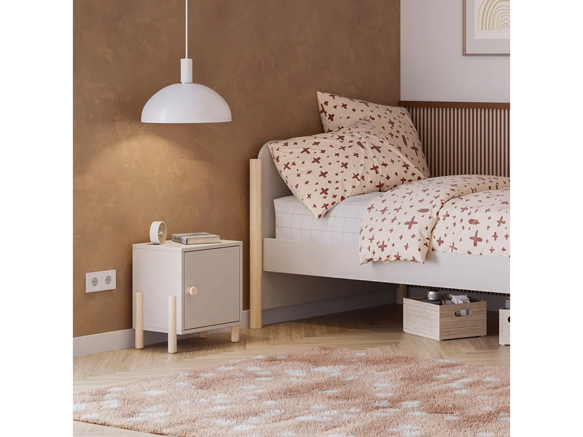 Chevet 1 porte en MDF et pin massif laqué crème pieds en pin naturel - ENORA