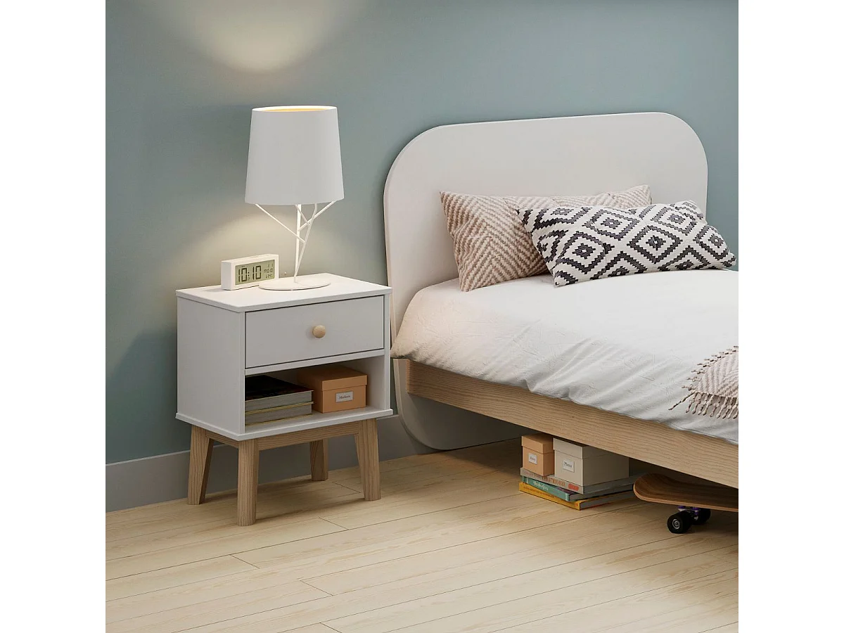 Chevet 1 tiroir et 1 niche en pin massif et MDF laqué blanc et naturel - KAINA