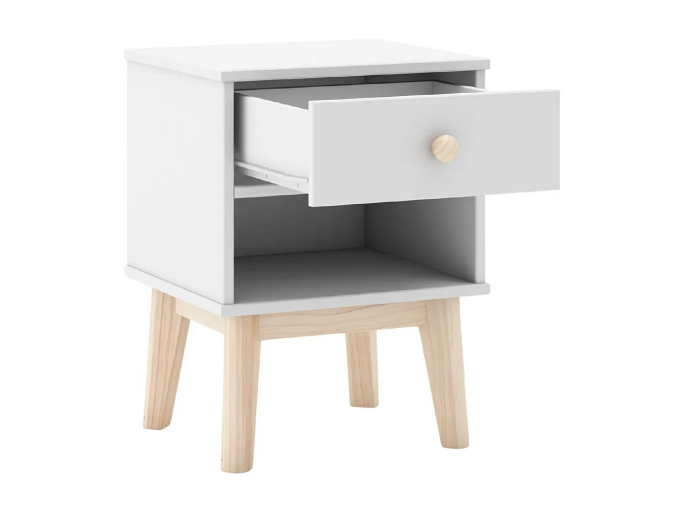 Chevet 1 tiroir et 1 niche en pin massif et MDF laqué blanc et naturel - KAINA