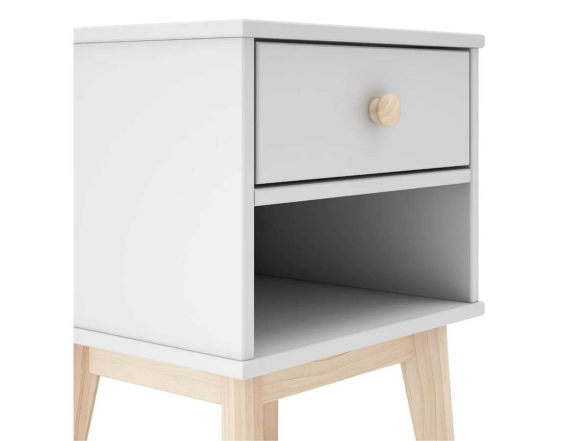 Chevet 1 tiroir et 1 niche en pin massif et MDF laqué blanc et naturel - KAINA