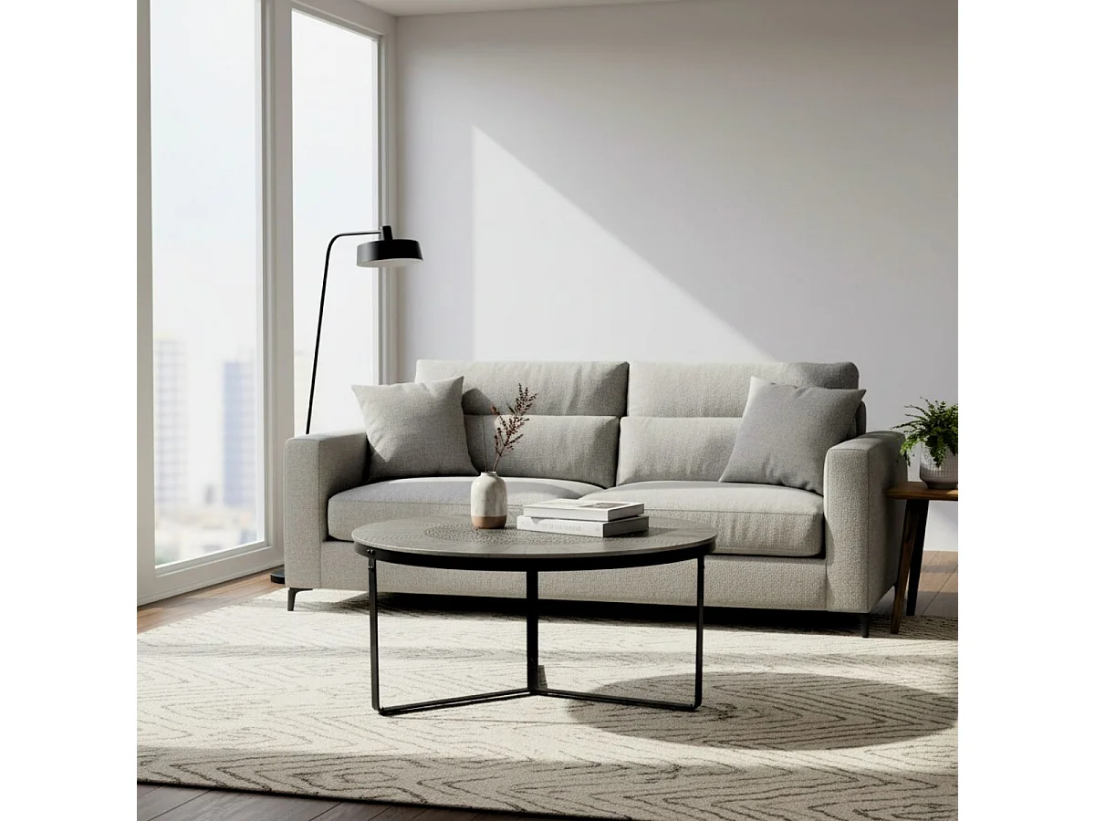 Table basse ronde Ø90cm en métal martelé et sculpté finition brossé pied laqué noir - SOHALIA