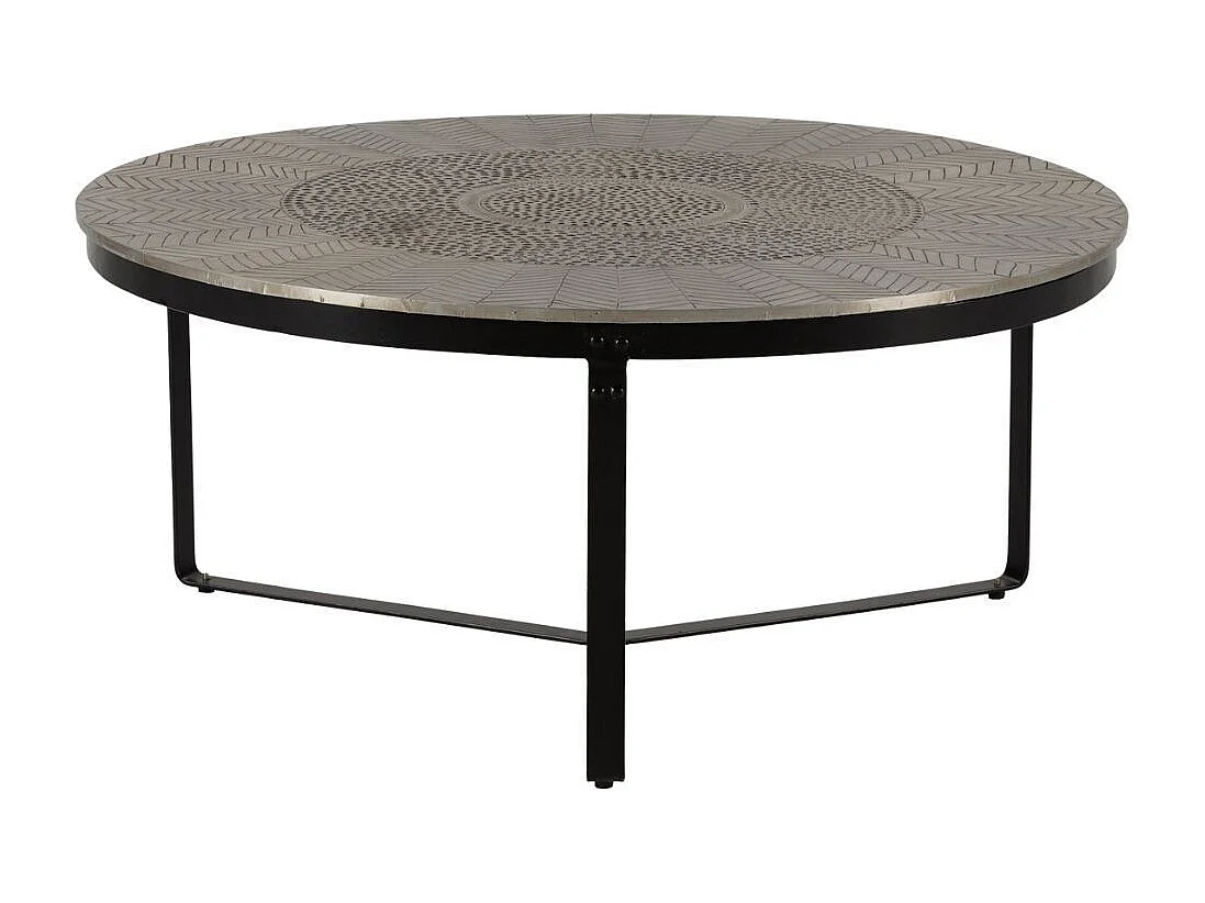 Table basse ronde Ø90cm en métal martelé et sculpté finition brossé pied laqué noir - SOHALIA