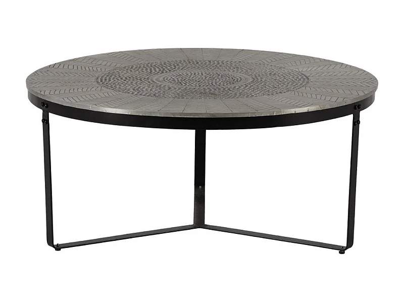Table basse ronde Ø90cm en métal martelé et sculpté finition brossé pied laqué noir - SOHALIA