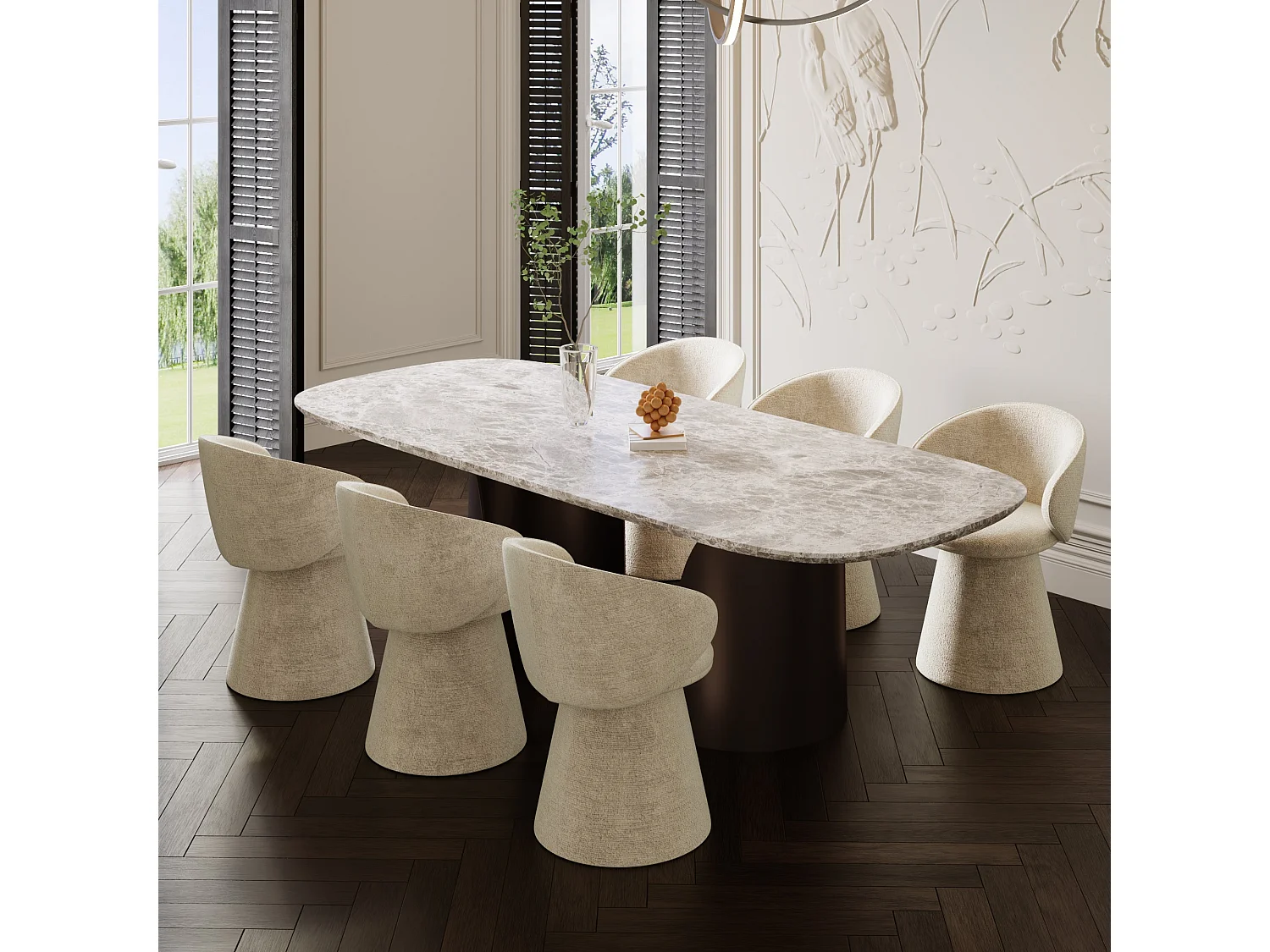 Lot de 2 fauteuils rotatif 180° velours texturé crème FLARE