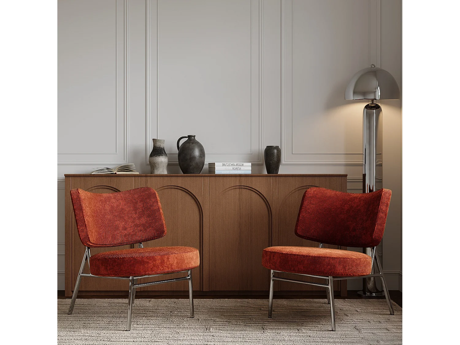 Lot de 2 fauteuils velours côtelé orange rétro IGGY