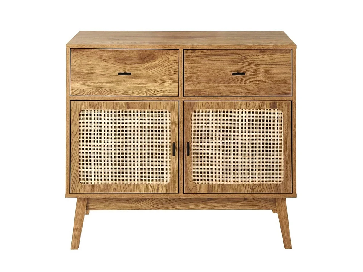 Kommode mit 2 Türen mit Rattanfronten, 2 Schubladen und Holzfüßen L90 cm