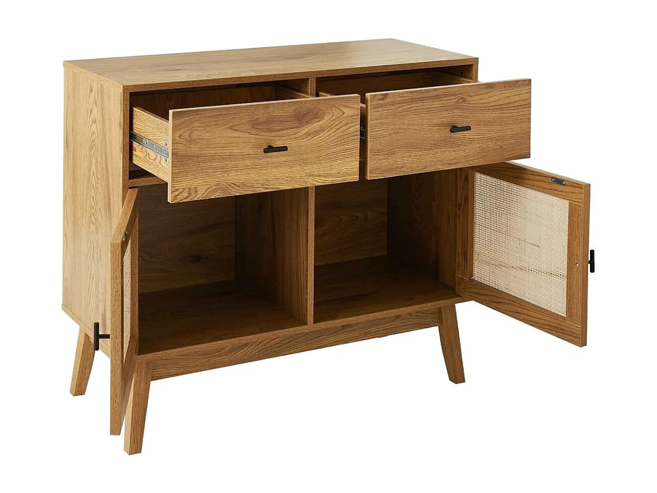 Kommode mit 2 Türen mit Rattanfronten, 2 Schubladen und Holzfüßen L90 cm
