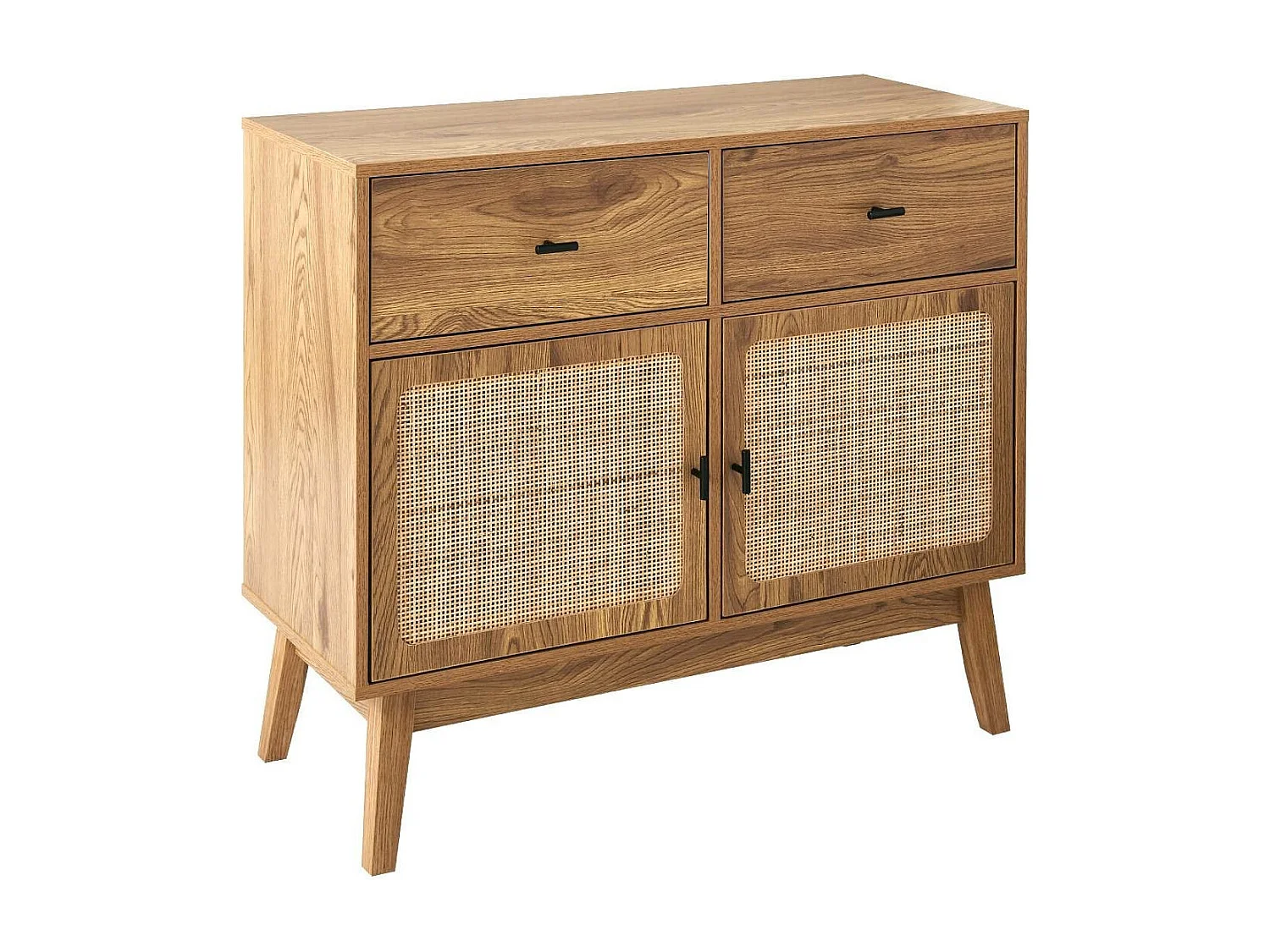 Kommode mit 2 Türen mit Rattanfronten, 2 Schubladen und Holzfüßen L90 cm