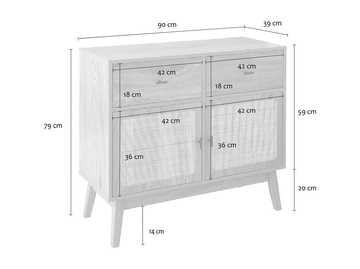 Kommode mit 2 Türen mit Rattanfronten, 2 Schubladen und Holzfüßen L90 cm
