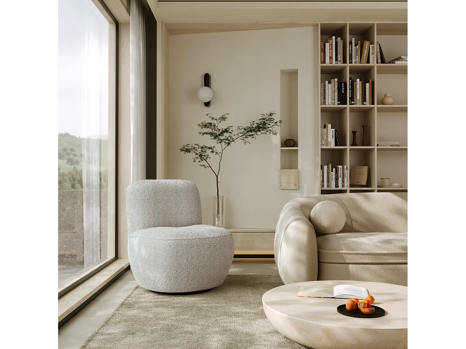 Lot de 2 fauteuils pivotant bouclette beige gris JENA