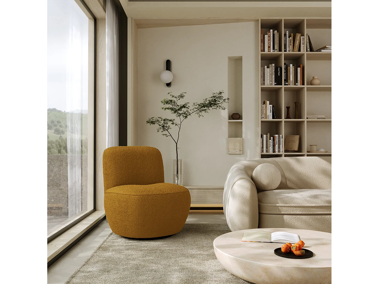 Lot de 2 fauteuils pivotant bouclette moutarde JENA