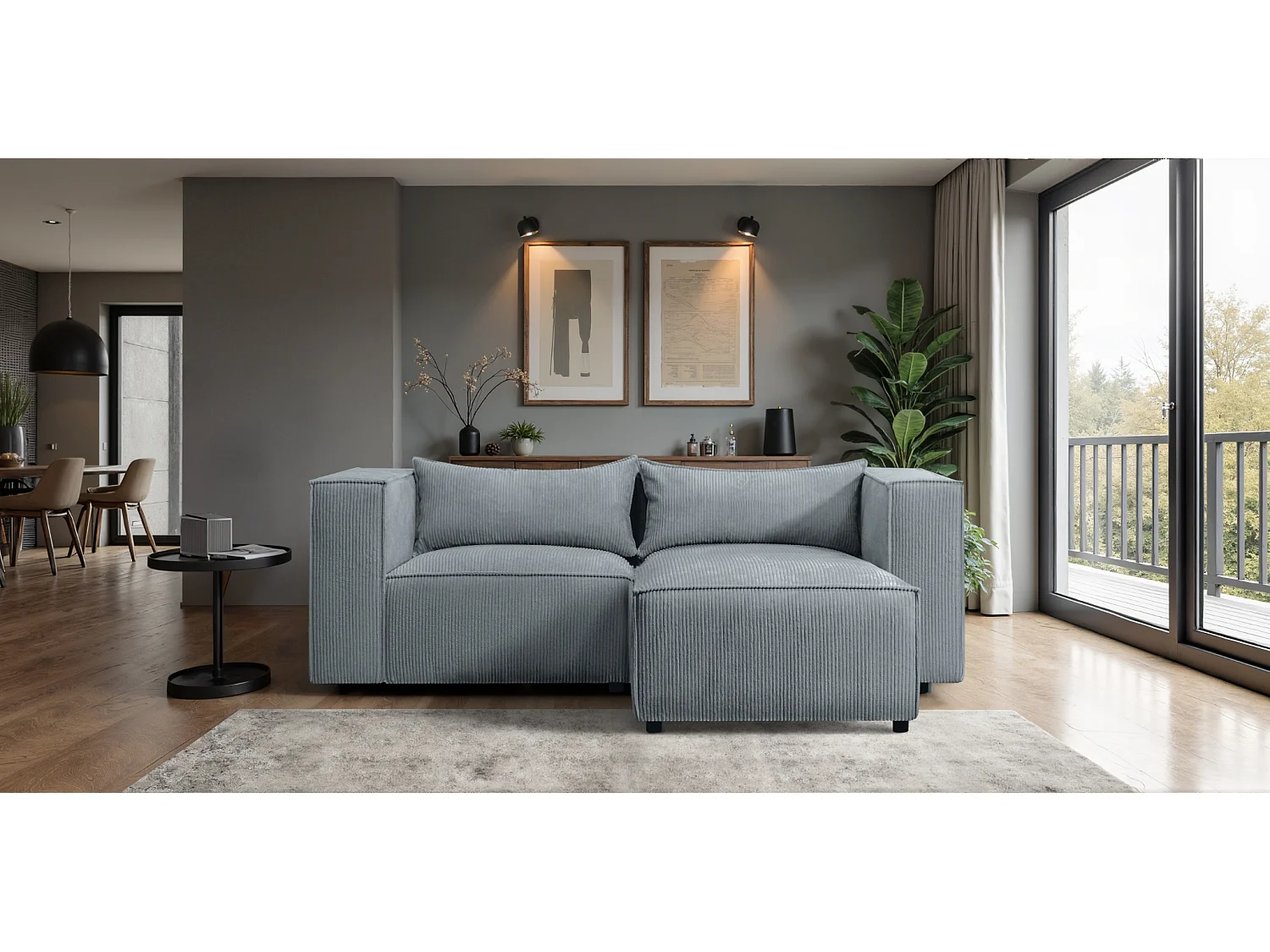 Canapé d'angle en L Modulo, tissu Lincoln, bleu-gris, côté droit