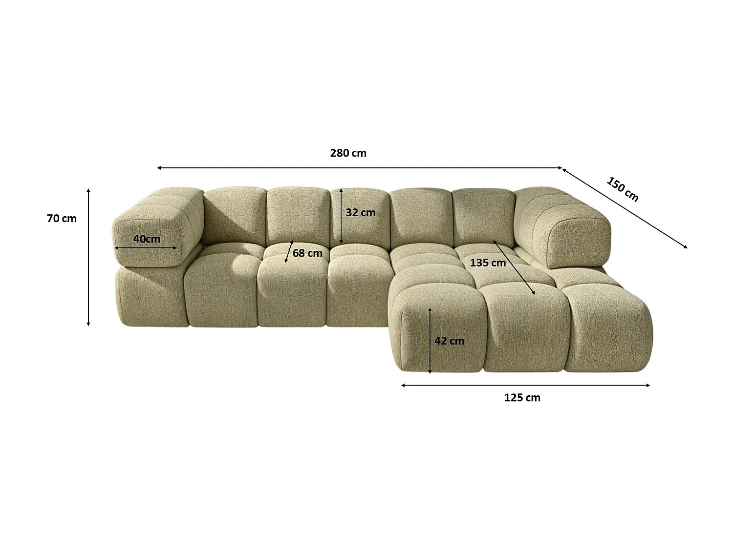 Canapé d'angle en L Averro, tissu Puente, jaune clair, à droite