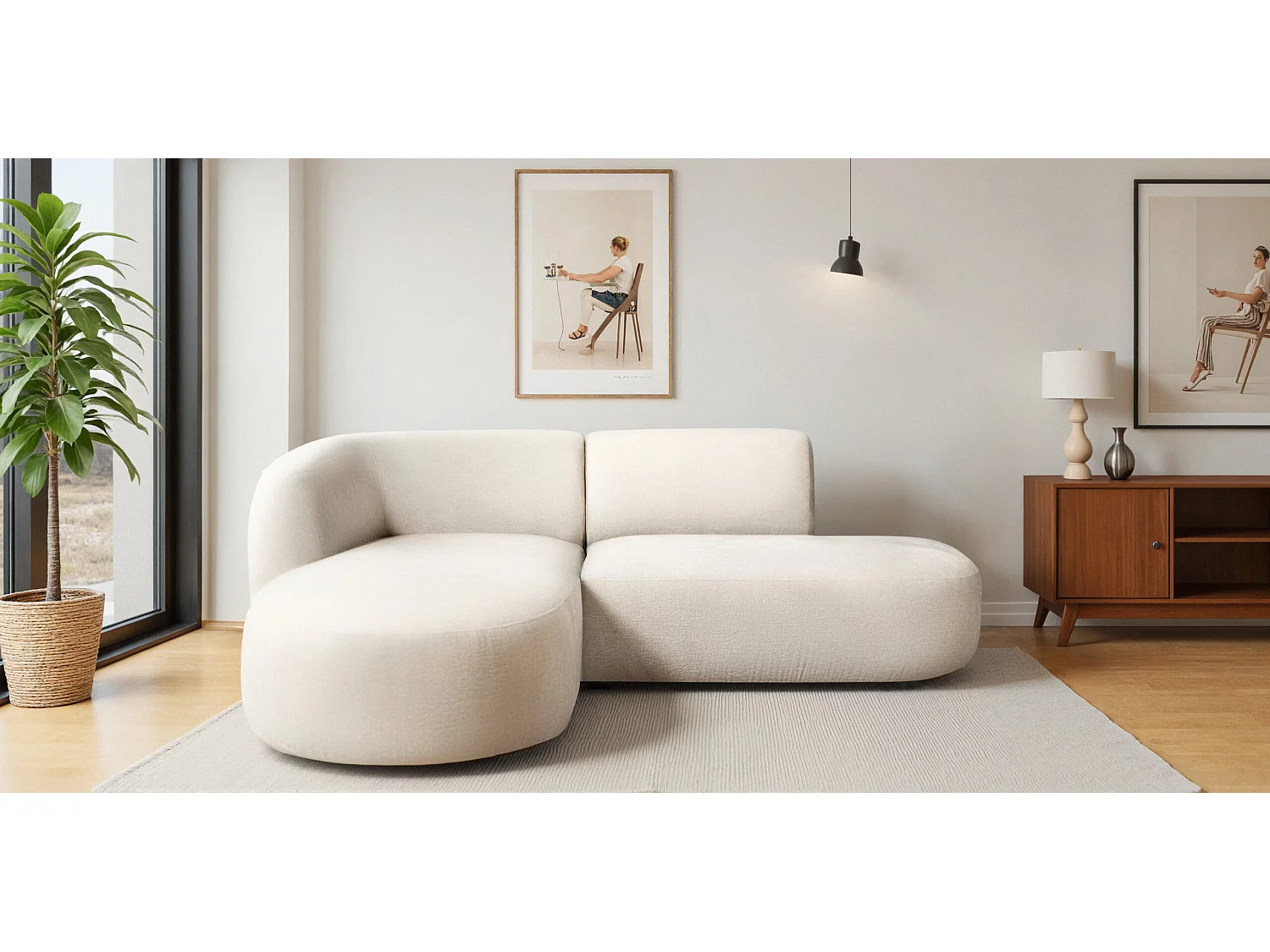 Ecksofa L-Form Luna, stoff Lins, Creme, Links