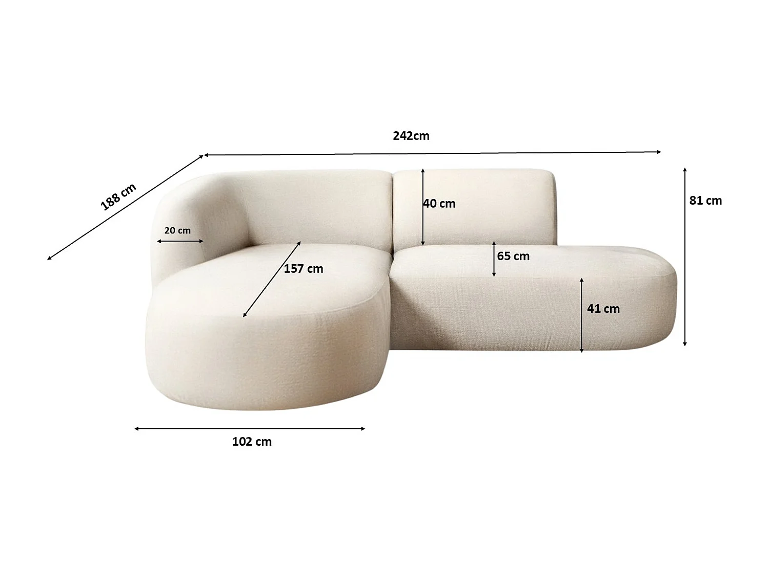 Canapé d'angle en L Luna, tissu Lins, crème, à gauche