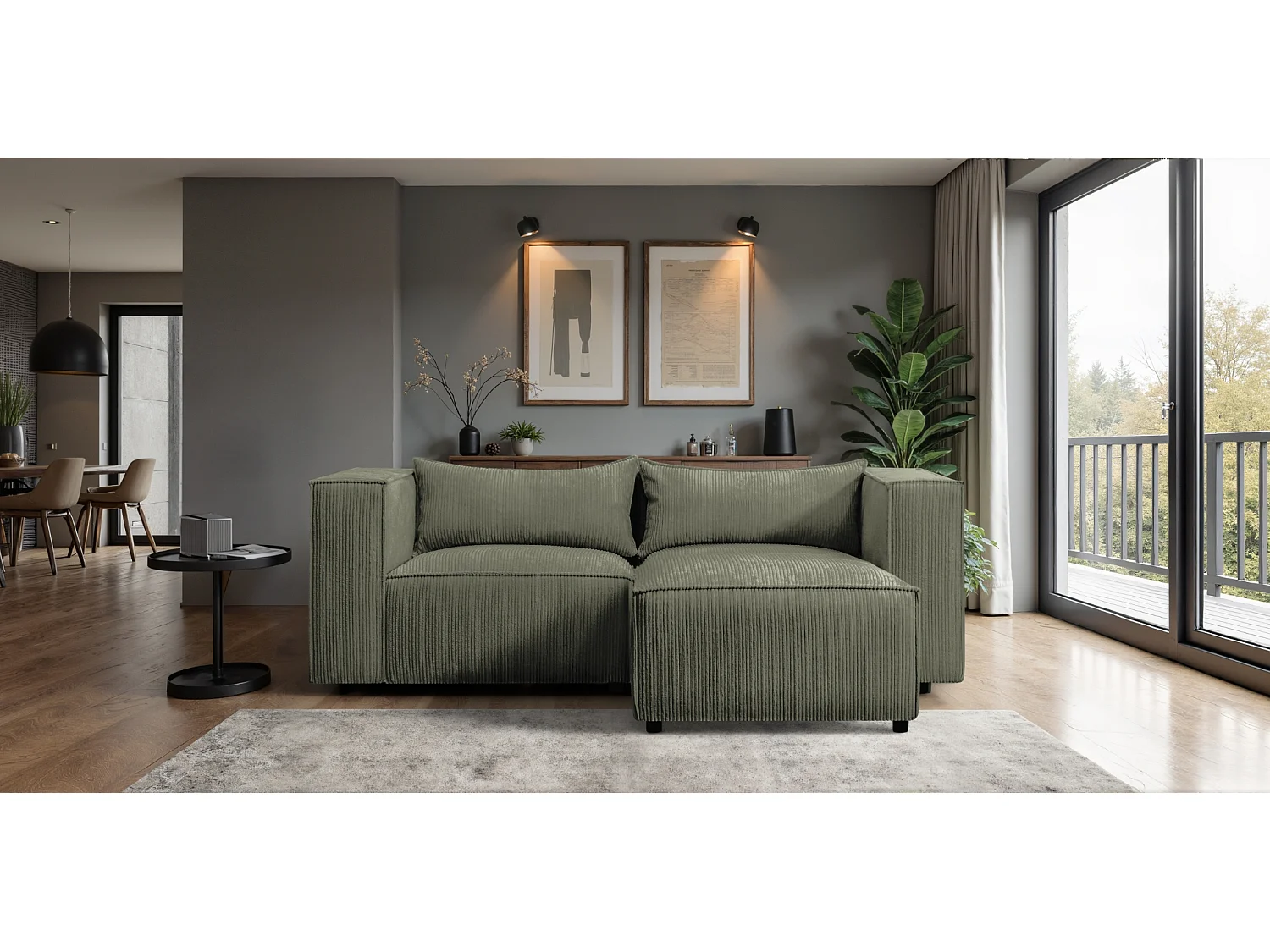 Canapé d'angle en L Modulo, tissu Lincoln, Olive, à droite