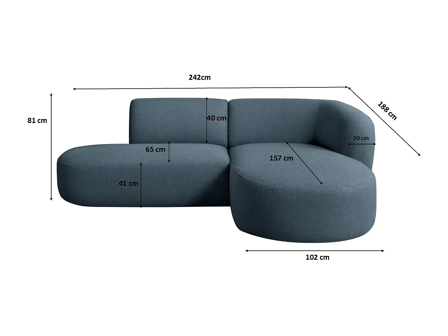 Ecksofa L-Form Luna, stoff Lins, Blau, Rechts