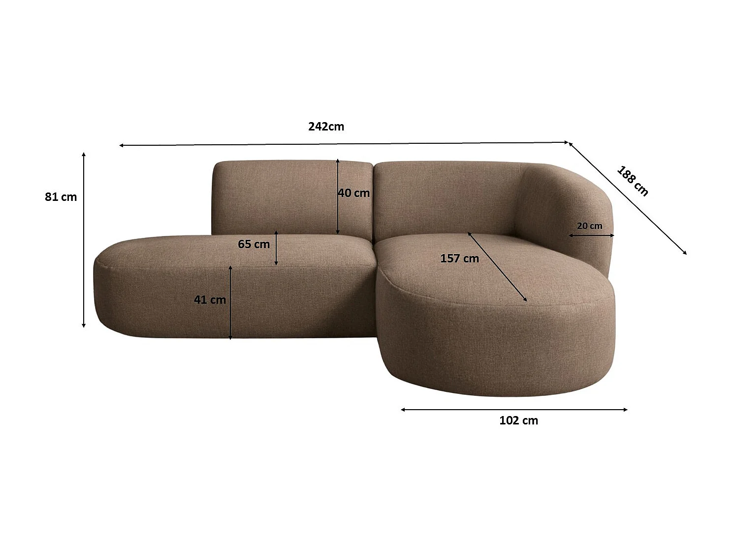 Ecksofa L-Form Luna, stoff Lins, Braun, Rechts