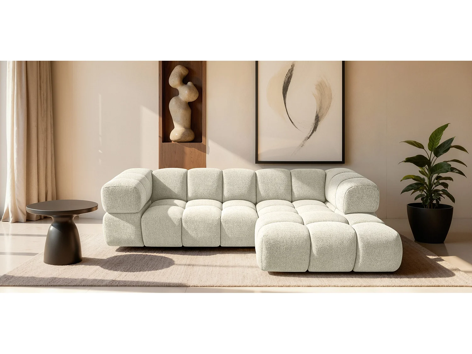 Canapé d'angle en L Averro, tissu Puente, écru, droite