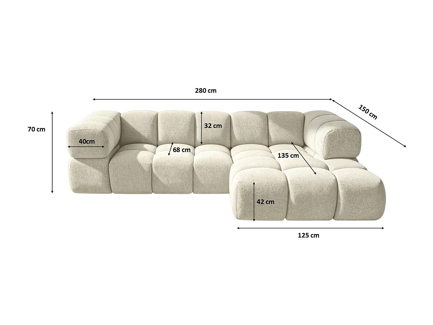 Canapé d'angle en L Averro, tissu Puente, écru, droite