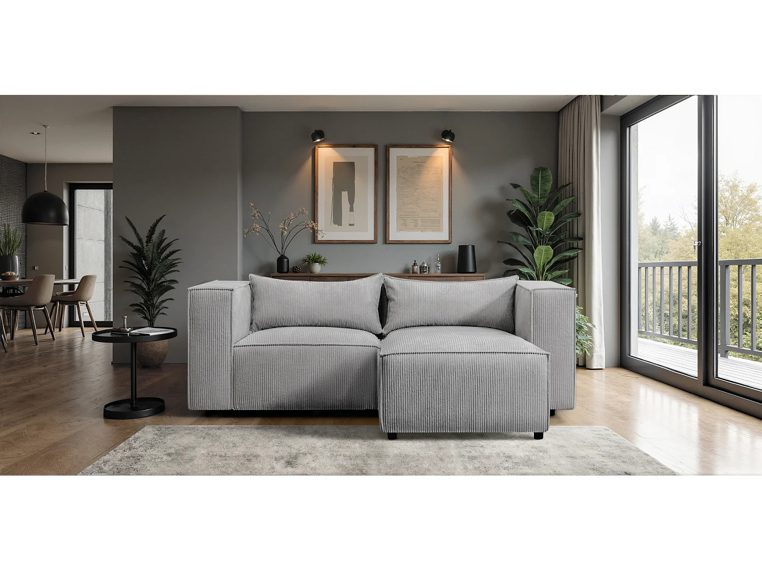 Canapé d'angle en L Modulo, tissu Lincoln, gris, côté droit