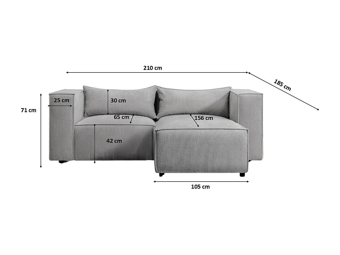 Canapé d'angle en L Modulo, tissu Lincoln, gris, côté droit