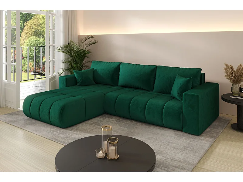 Ecksofa mit schlaffunktion und bettkasten MILO PREMIUM, stoff MONOLITH, Grün, Links