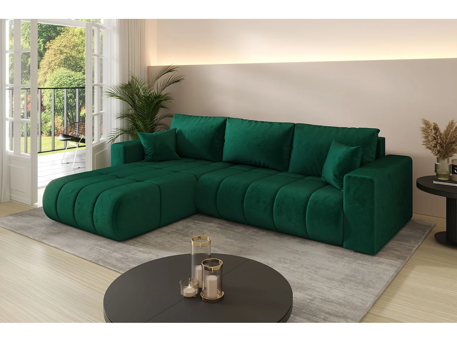 Canapé d'angle convertible avec compartiment de rangement MILO PREMIUM, tissu MONOLITH, vert, gauche