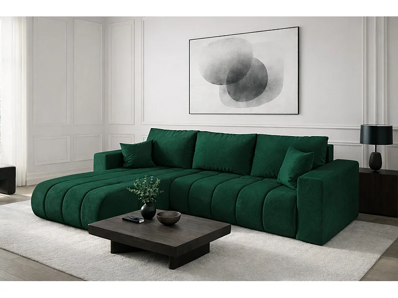 Canapé d'angle convertible avec compartiment de rangement MILO PREMIUM, tissu MONOLITH, vert, gauche