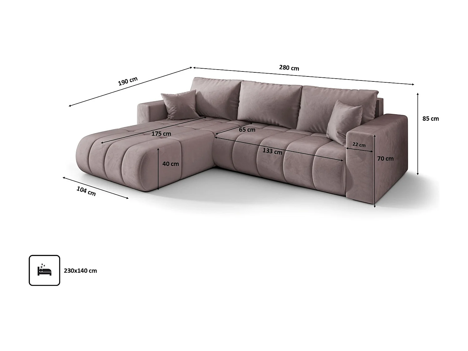 Ecksofa mit schlaffunktion und bettkasten MILO PREMIUM, stoff MONOLITH, Lila, Links