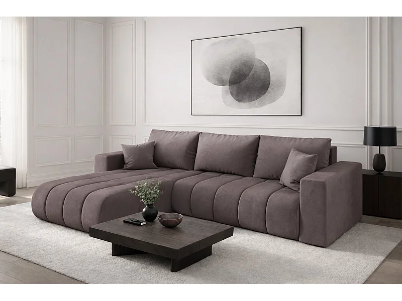 Divano angolare con funzione letto e vano contenitore MILO PREMIUM, tessuto MONOLITH, viola, a sinistra