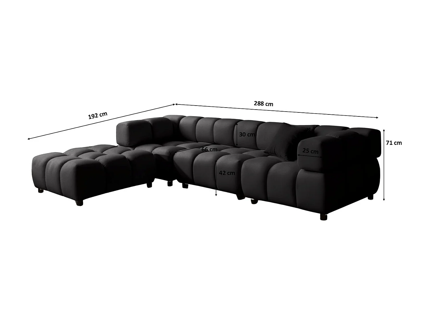 Canapé d'angle Bolla en forme de L, tissu Bluvel, noir, pour gaucher