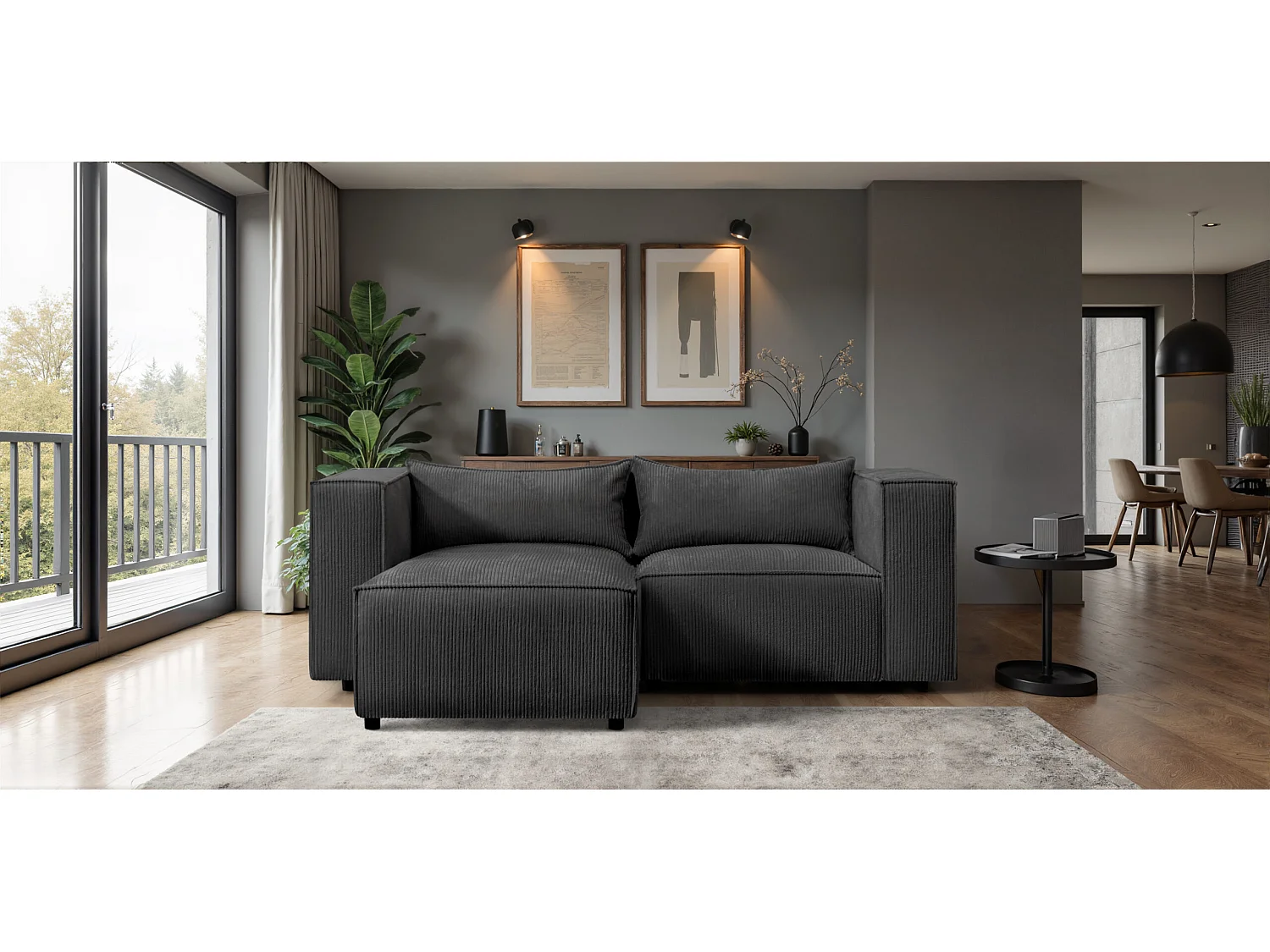 Canapé d'angle en L Modulo, tissu Lincoln, noir, côté gauche