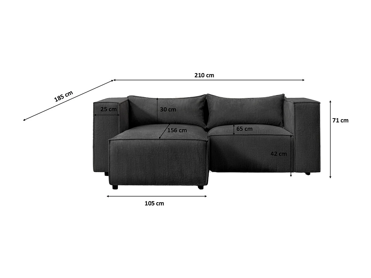 Canapé d'angle en L Modulo, tissu Lincoln, noir, côté gauche