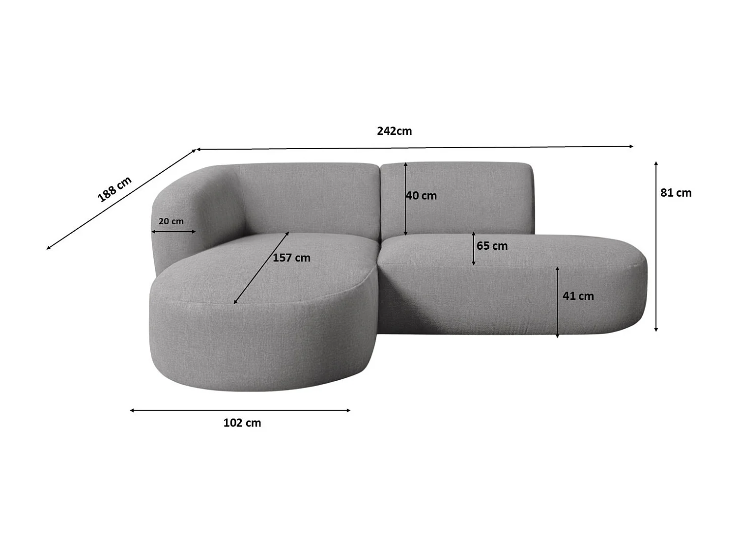 Ecksofa L-Form Luna, stoff Lins, Grau, Links