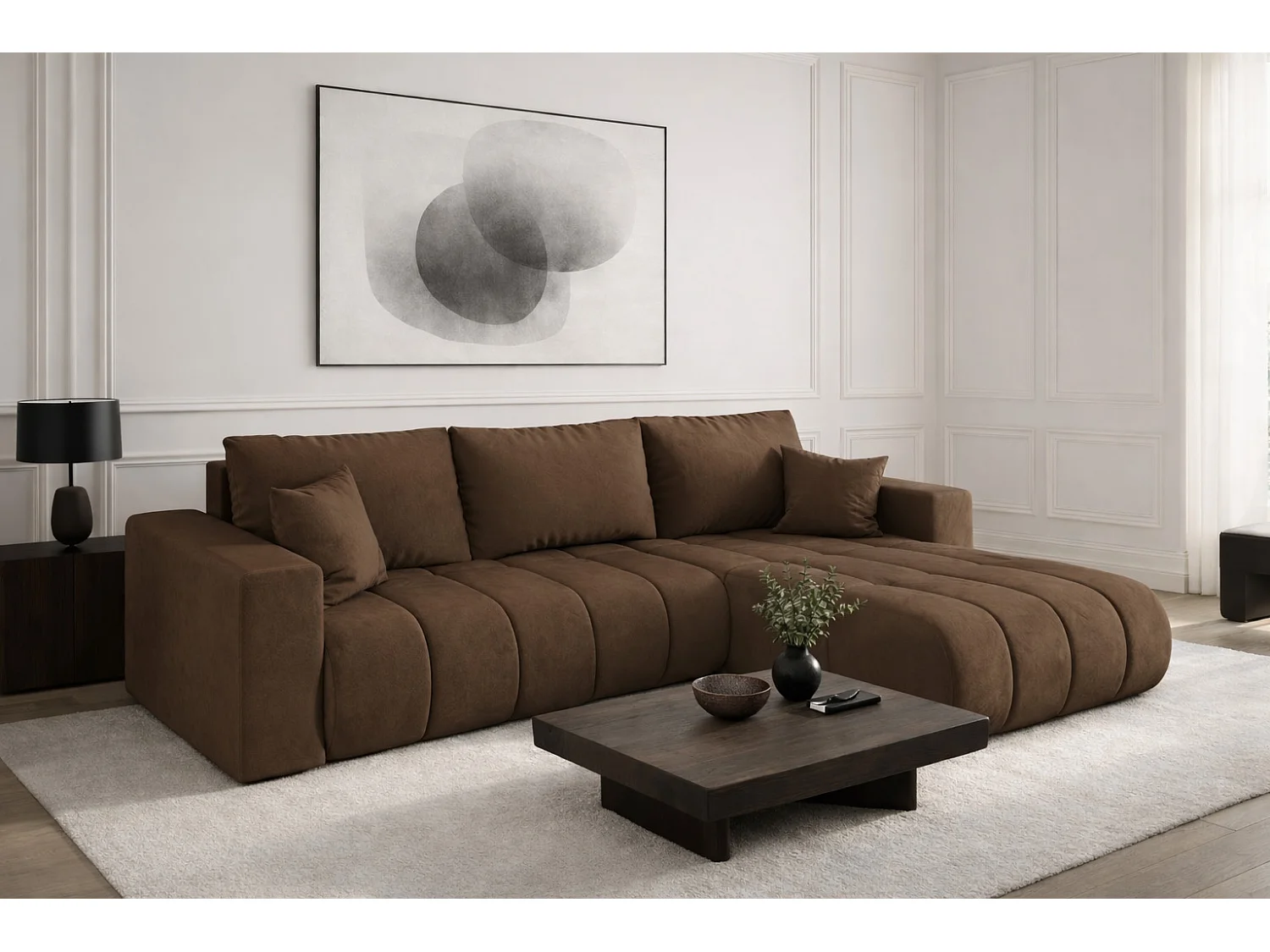 Canapé d'angle convertible avec compartiment de rangement MILO PREMIUM, tissu MONOLITH, marron clair, côté droit