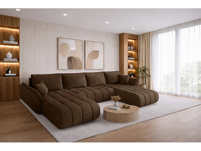 Narożnik z funkcją spania i pojemnikiem TOKYO U PREMIUM, tkanina Monolith, Jasnobrązowy