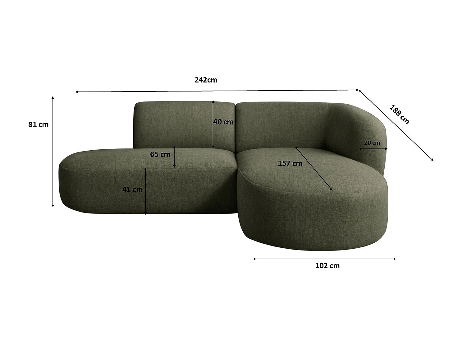 Ecksofa L-Form Luna, stoff Lins, Grün, Rechts