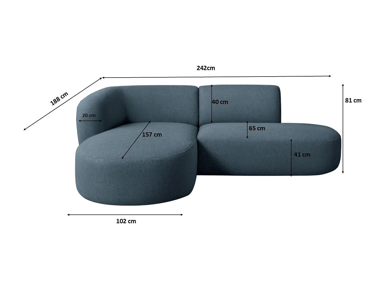 Ecksofa L-Form Luna, stoff Lins, Blau, Links