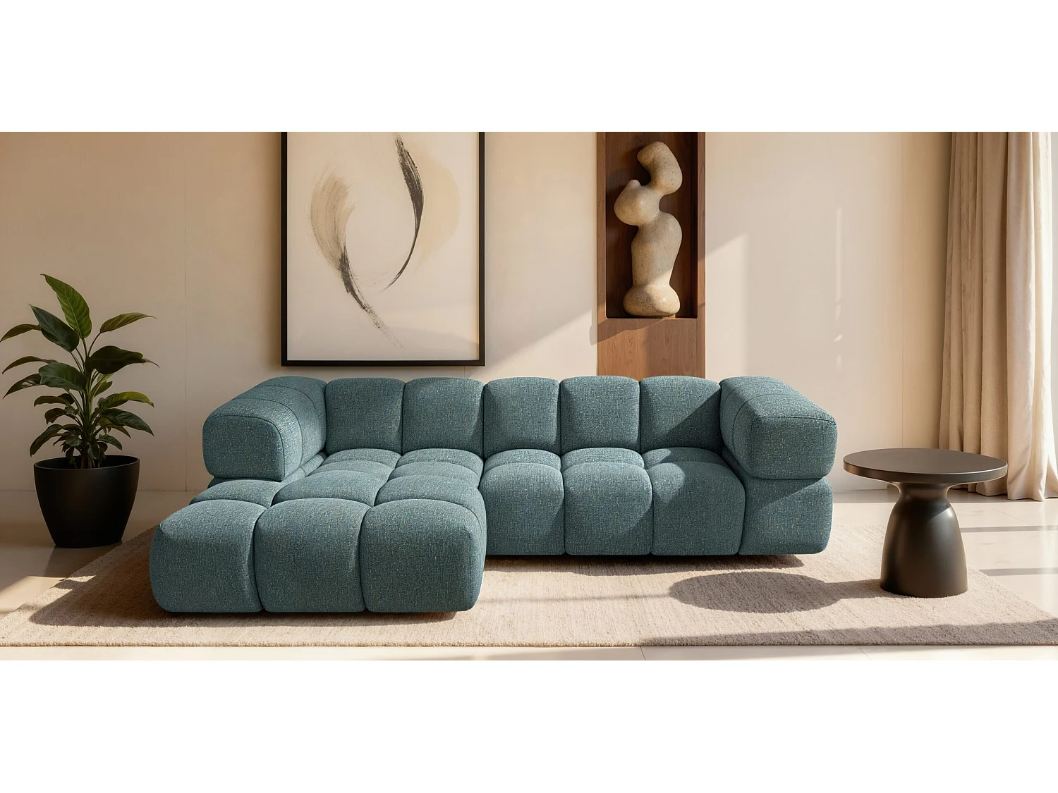 Canapé d'angle en L Averro, tissu Puente, bleu azur, à gauche