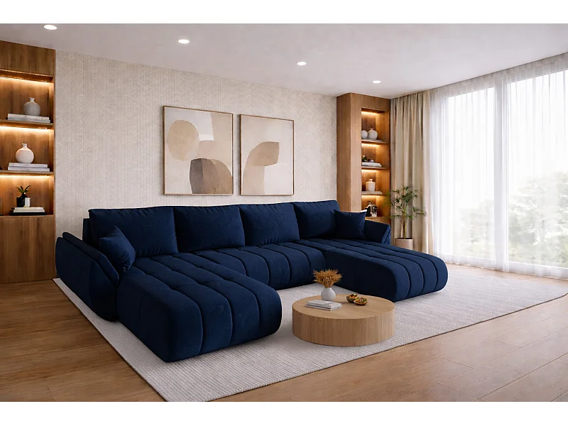 Canapé d'angle convertible avec compartiment de rangement TOKYO U PREMIUM, tissu MONOLITH, bleu foncé