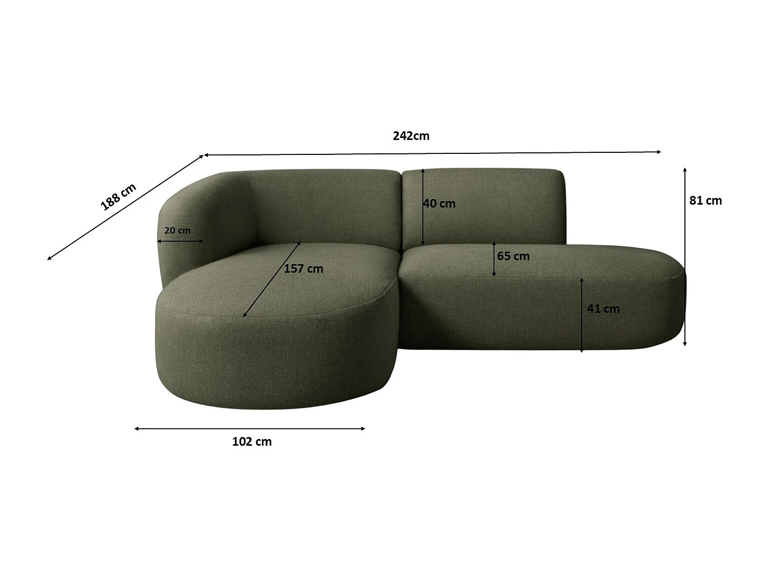 Ecksofa L-Form Luna, stoff Lins, Grün, Links