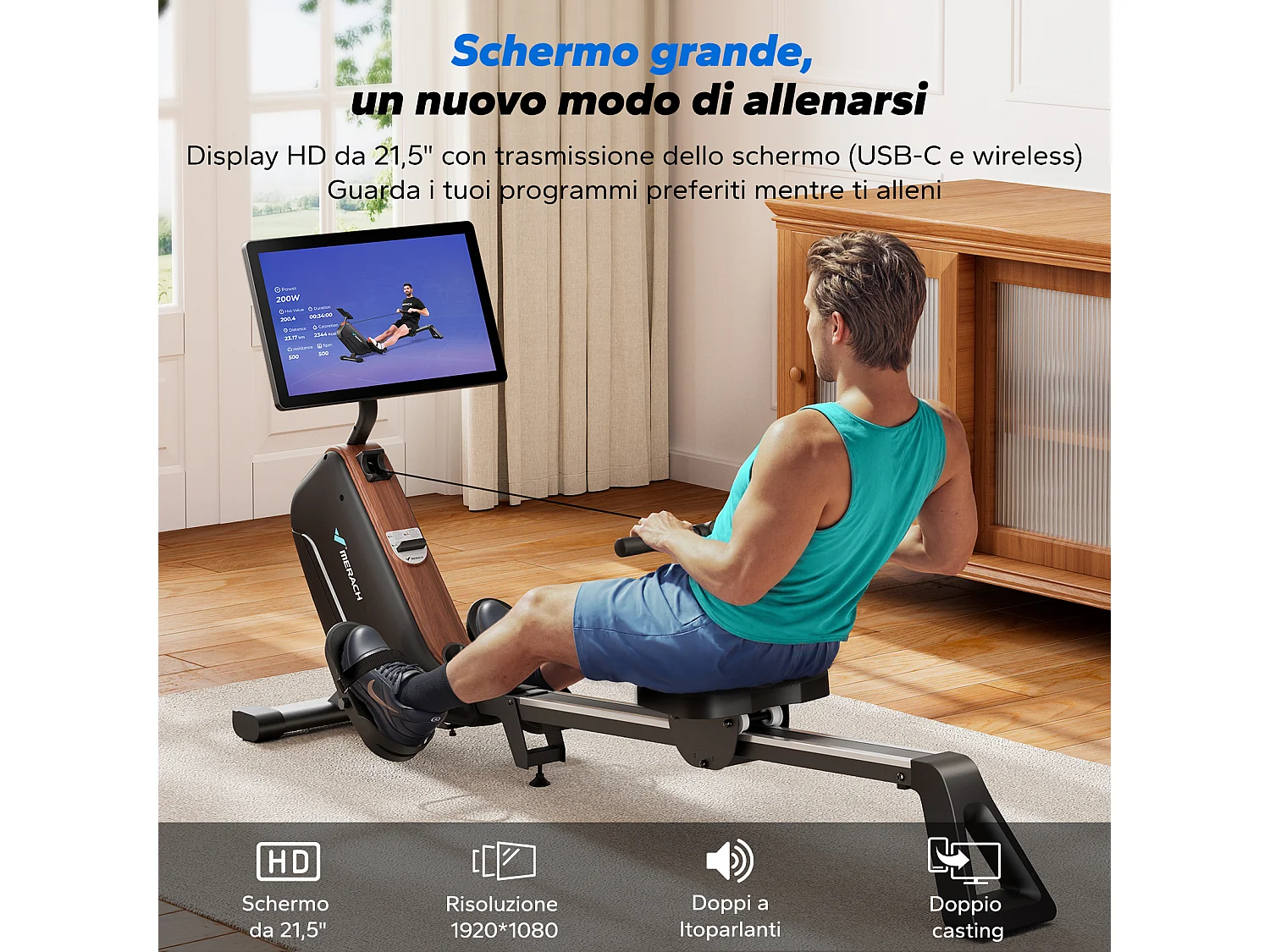 Vogatore Pieghevole Magnetico MERACH, 16 Livelli, Display HD 21,5", Bluetooth, Silenzioso, Capacità 130 kg, Compatibile con App Fitness
