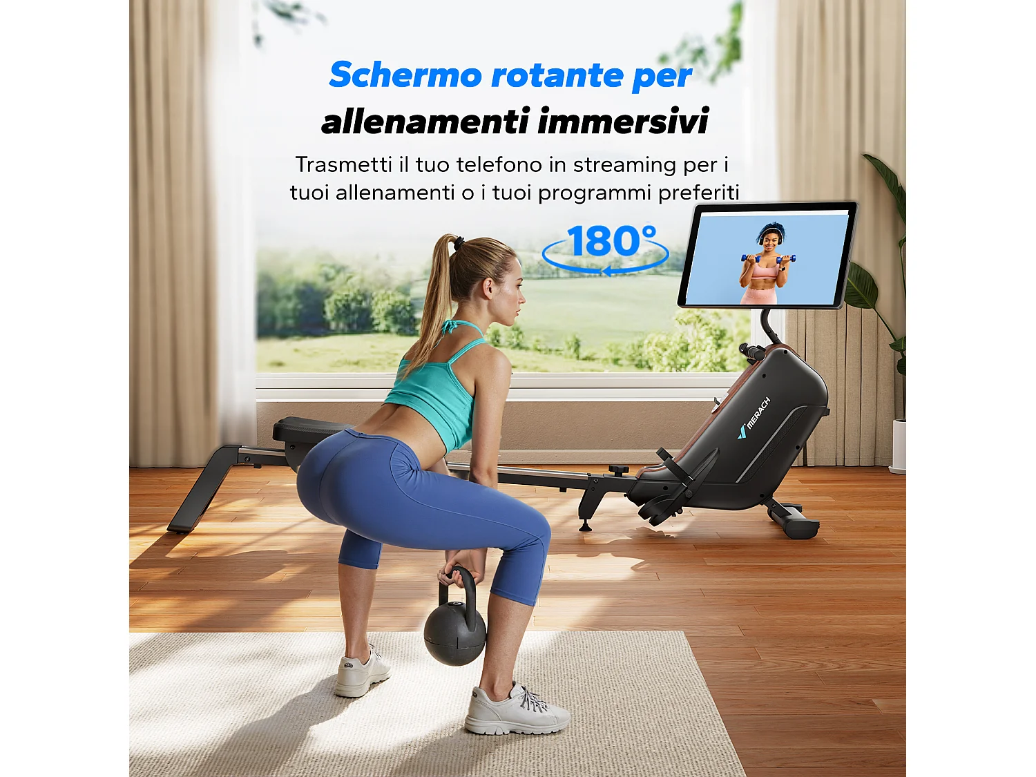 Vogatore Pieghevole Magnetico MERACH, 16 Livelli, Display HD 21,5", Bluetooth, Silenzioso, Capacità 130 kg, Compatibile con App Fitness