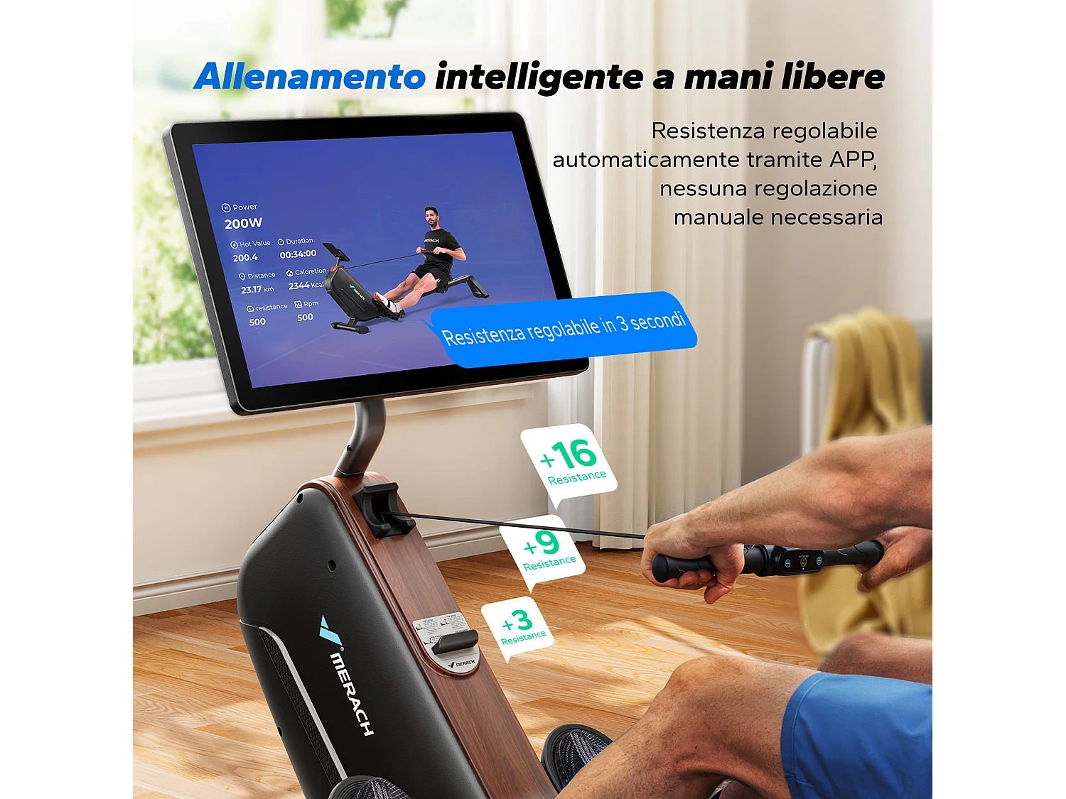 Vogatore Pieghevole Magnetico MERACH, 16 Livelli, Display HD 21,5", Bluetooth, Silenzioso, Capacità 130 kg, Compatibile con App Fitness