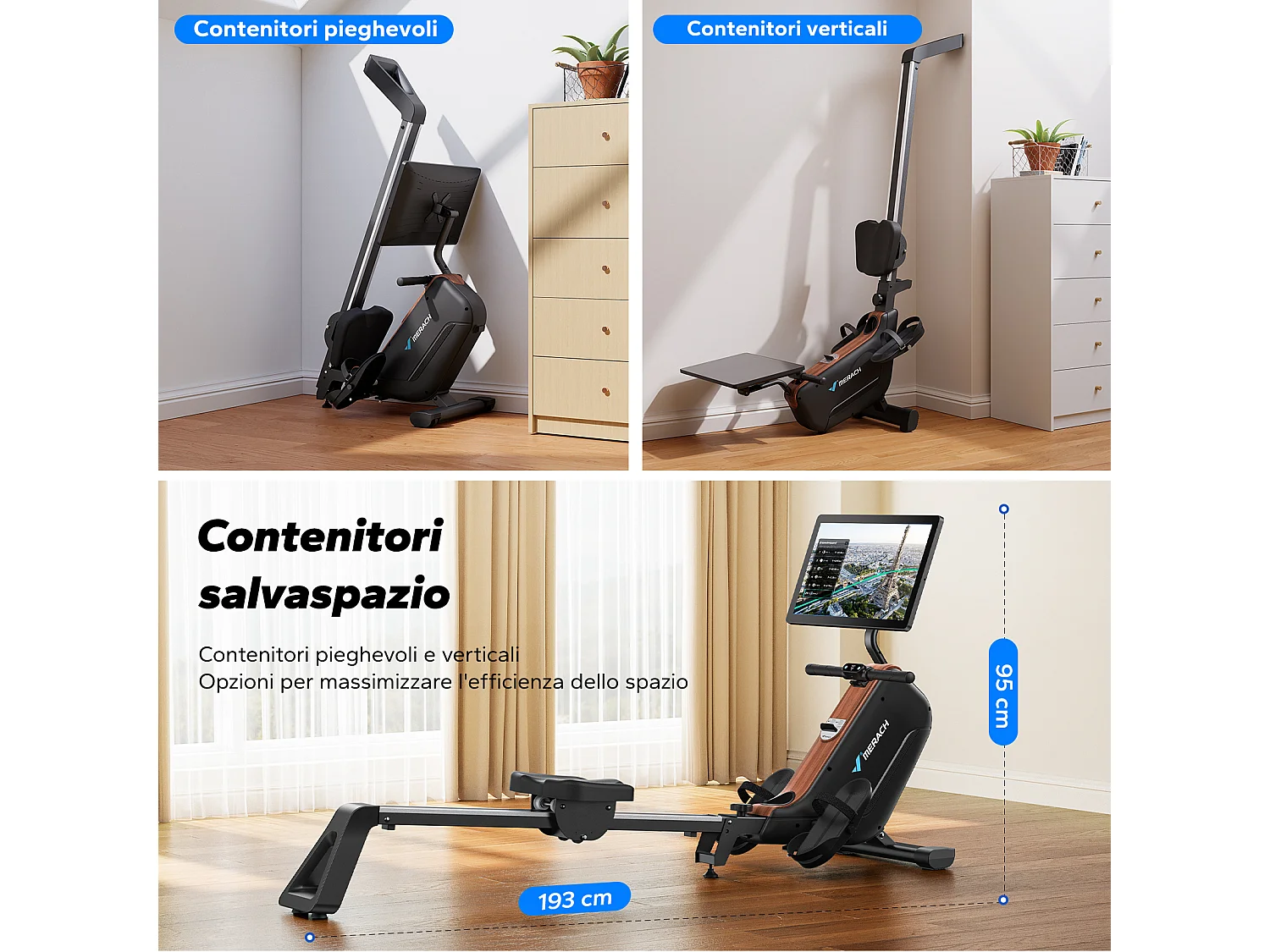 Vogatore Pieghevole Magnetico MERACH, 16 Livelli, Display HD 21,5", Bluetooth, Silenzioso, Capacità 130 kg, Compatibile con App Fitness