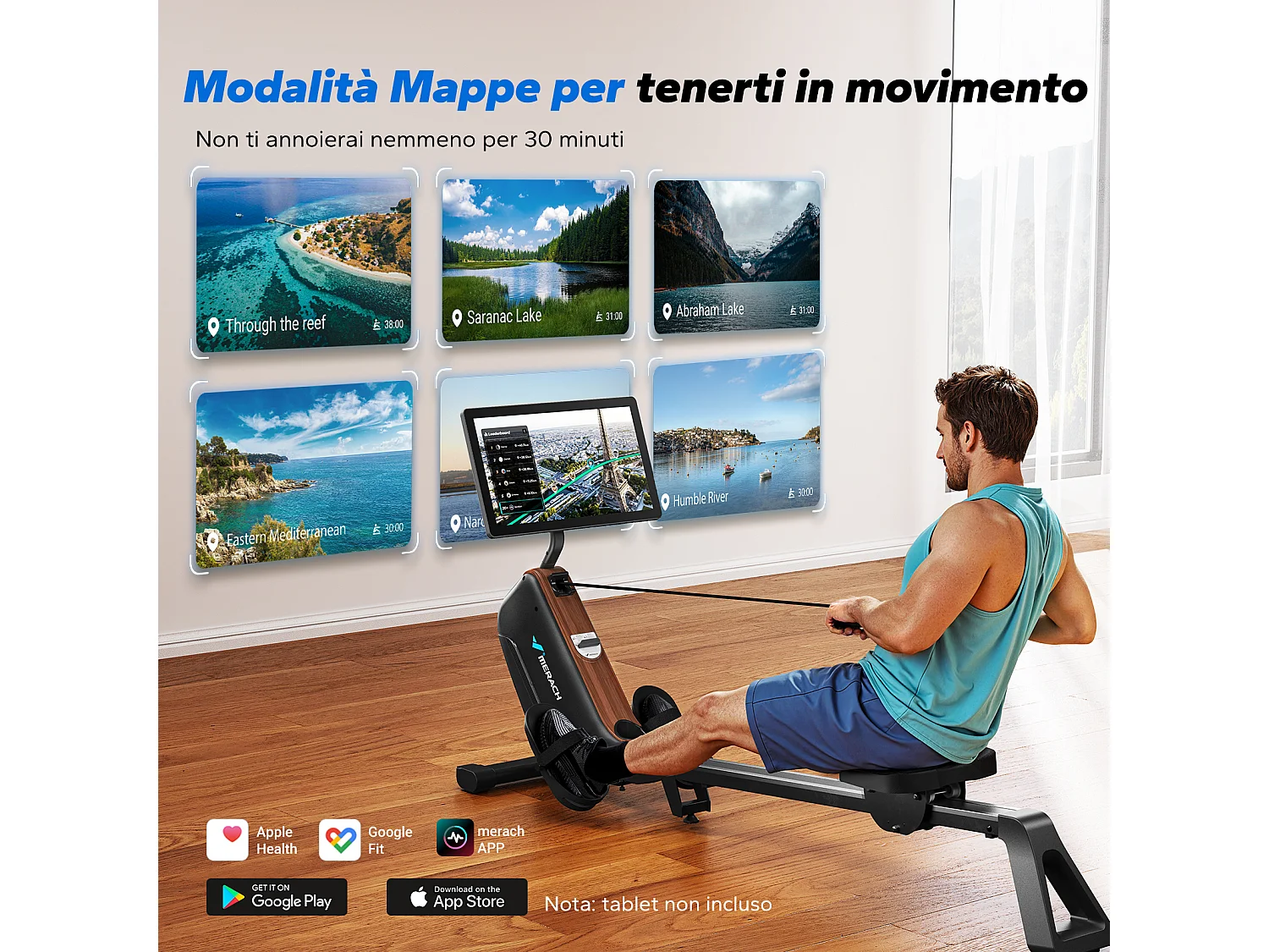 Vogatore Pieghevole Magnetico MERACH, 16 Livelli, Display HD 21,5", Bluetooth, Silenzioso, Capacità 130 kg, Compatibile con App Fitness