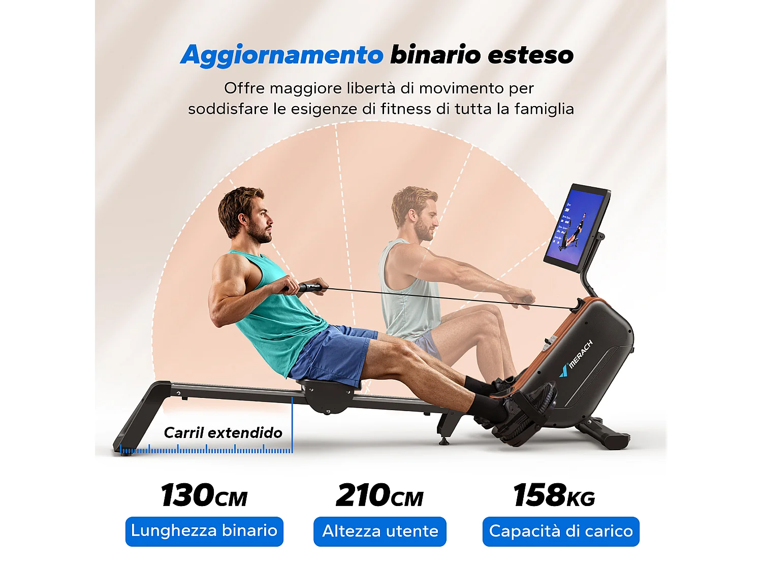 Vogatore Pieghevole Magnetico MERACH, 16 Livelli, Display HD 21,5", Bluetooth, Silenzioso, Capacità 130 kg, Compatibile con App Fitness