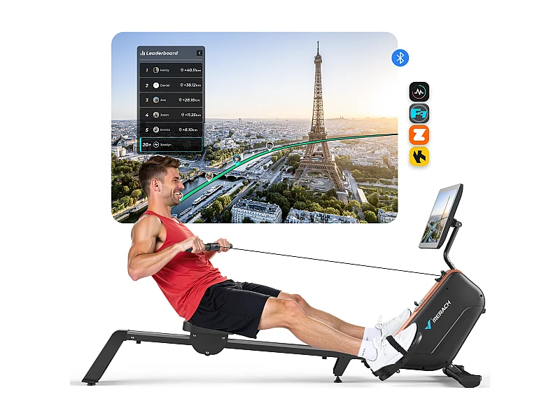 Rameur d'appartement Pliable Électromagnétique MERACH,16 Niveaux, Écran HD 21,5", Bluetooth, Silencieux, Charge 158 kg, Compatible Apps